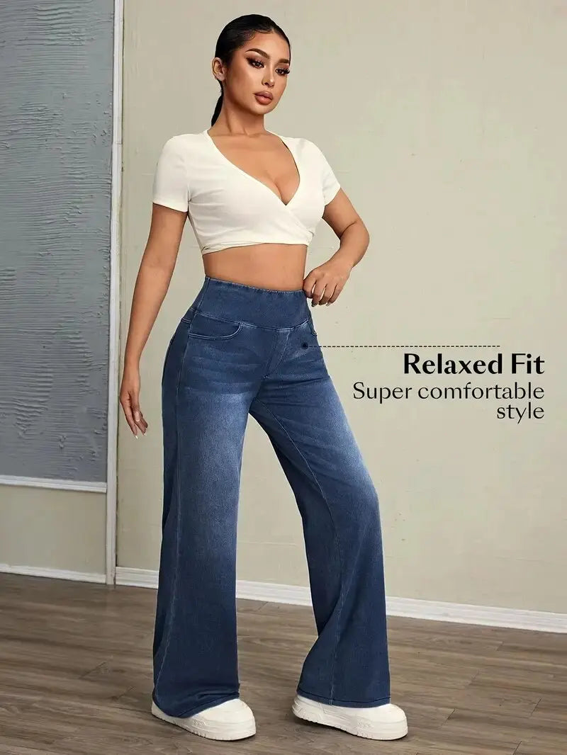 Women's Jeans Elastic High Waist Stretch Loose Straight-Leg Trendy Comfortable