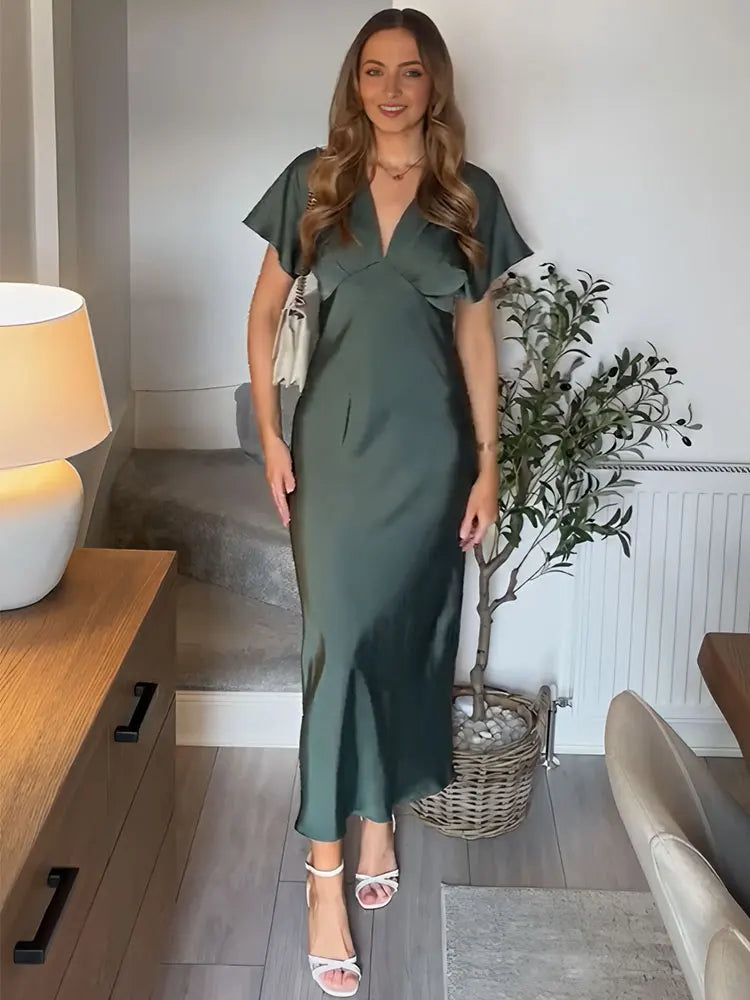 Women's Elegant Satin Silk Texture V Neck Short Sleeve Loose Midi Dress