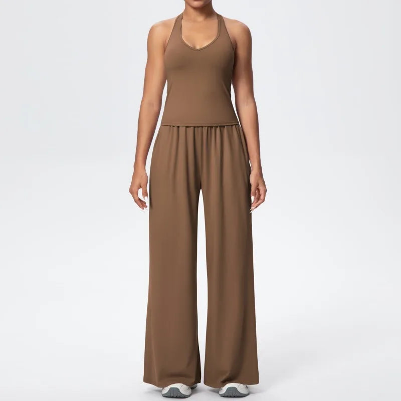 New Casual Women's V-neck Back Wide-leg Pants Yoga Fitness Set