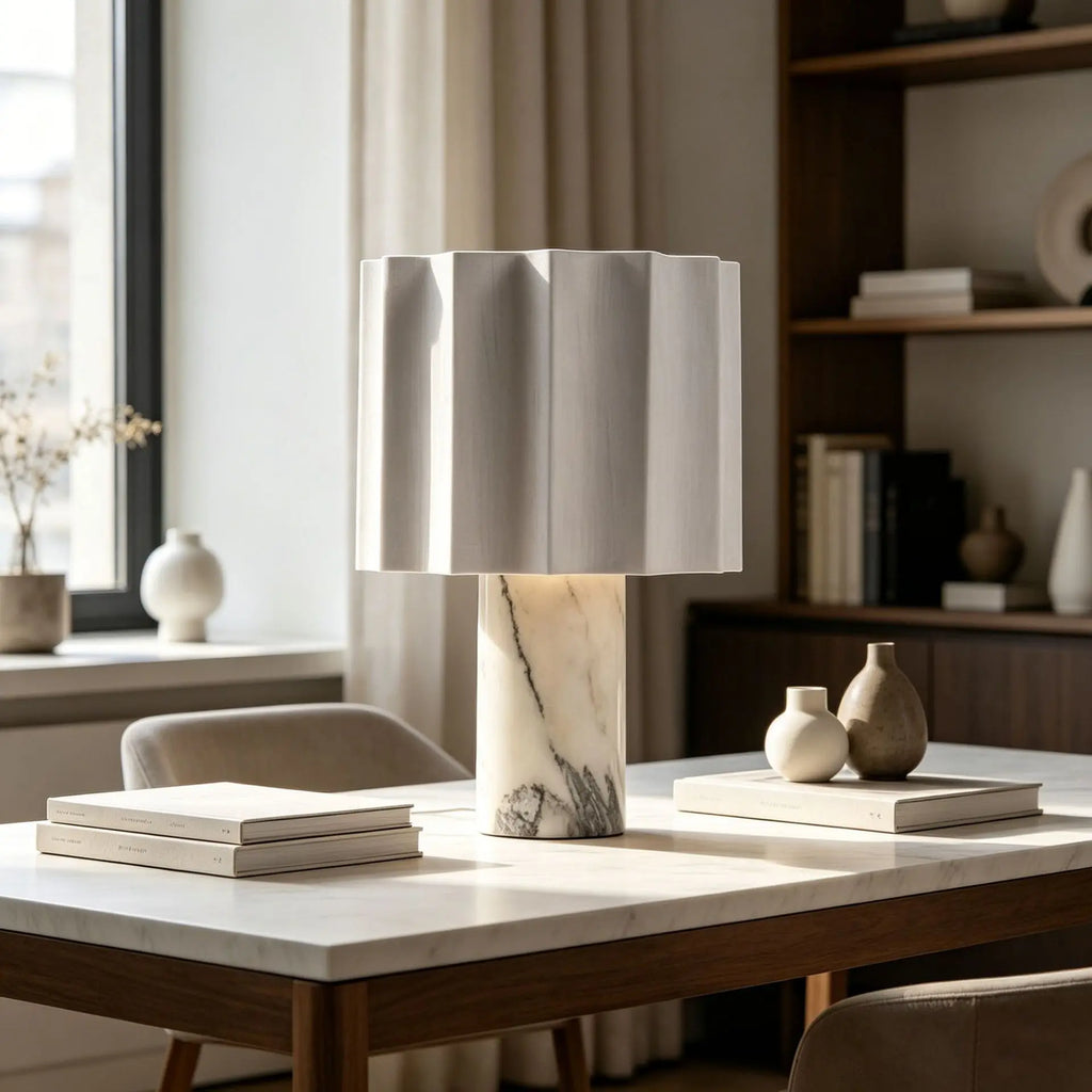 Modern Marble Table Lamp Designer Pleated Fabric Lampshade Bedroom Home Decor Touch Table Lamp
