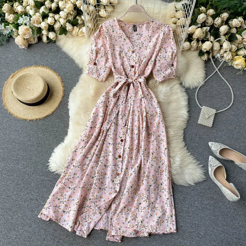 Women Floral Dress V Neck Puff Sleeve Single-Breasted Belt Dress Bohemian Style Midi Dress