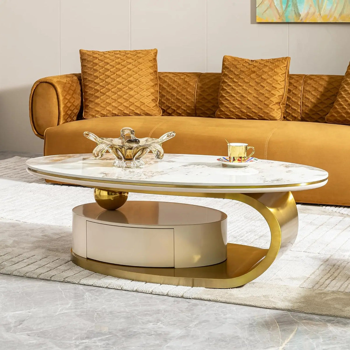 Modern Marble Coffee Table with Silver Stainless Steel Pedestal Living Room Home Decor Luxury Living