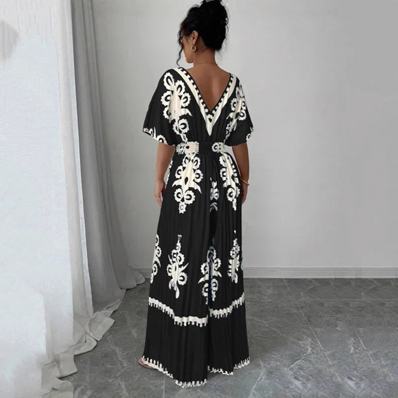 Women's New Casual Deep V Neck Backless Jumpsuit Fashion Versatile Short Sleeve High Waist Wide Leg Jumpsuits