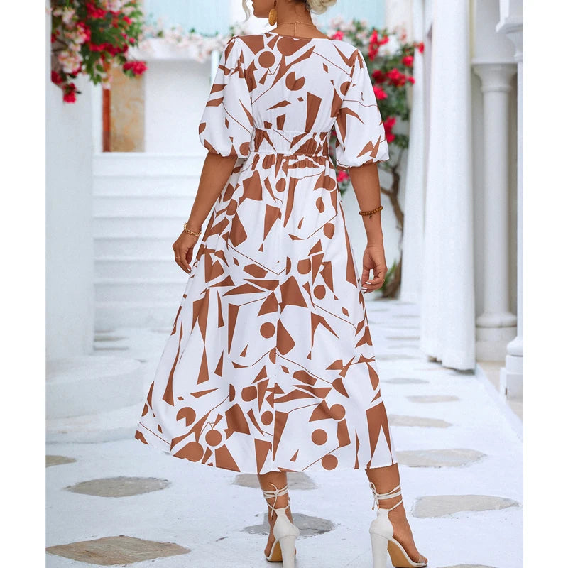 Women Modern Geometric Print Elegant Party Fashion V Neck Short Sleeve High Waist Midi Dress