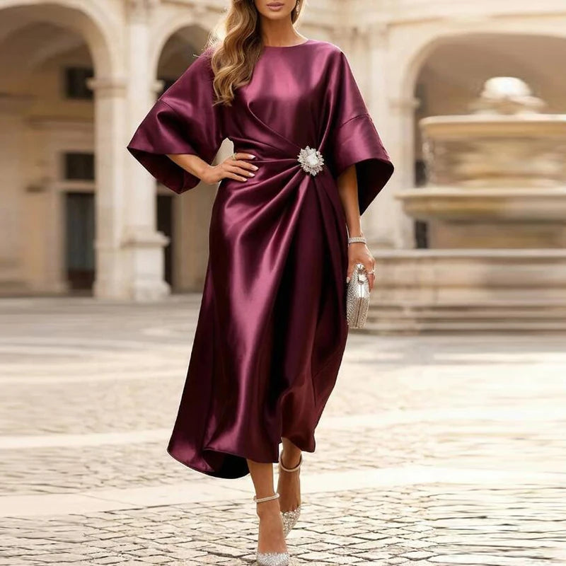 Elegant Commuter Design Satin Long Dress Women O Neck Half Sleeve Silk Party Dresses For Women Fashion Evening Dress