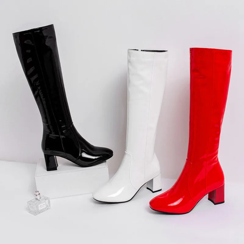 Women's Patent Leather High Knee Waterproof Boots