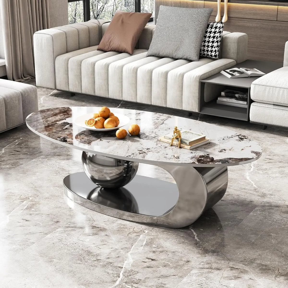 Modern Marble Coffee Table with Silver Stainless Steel Pedestal Living Room Home Decor Luxury Living