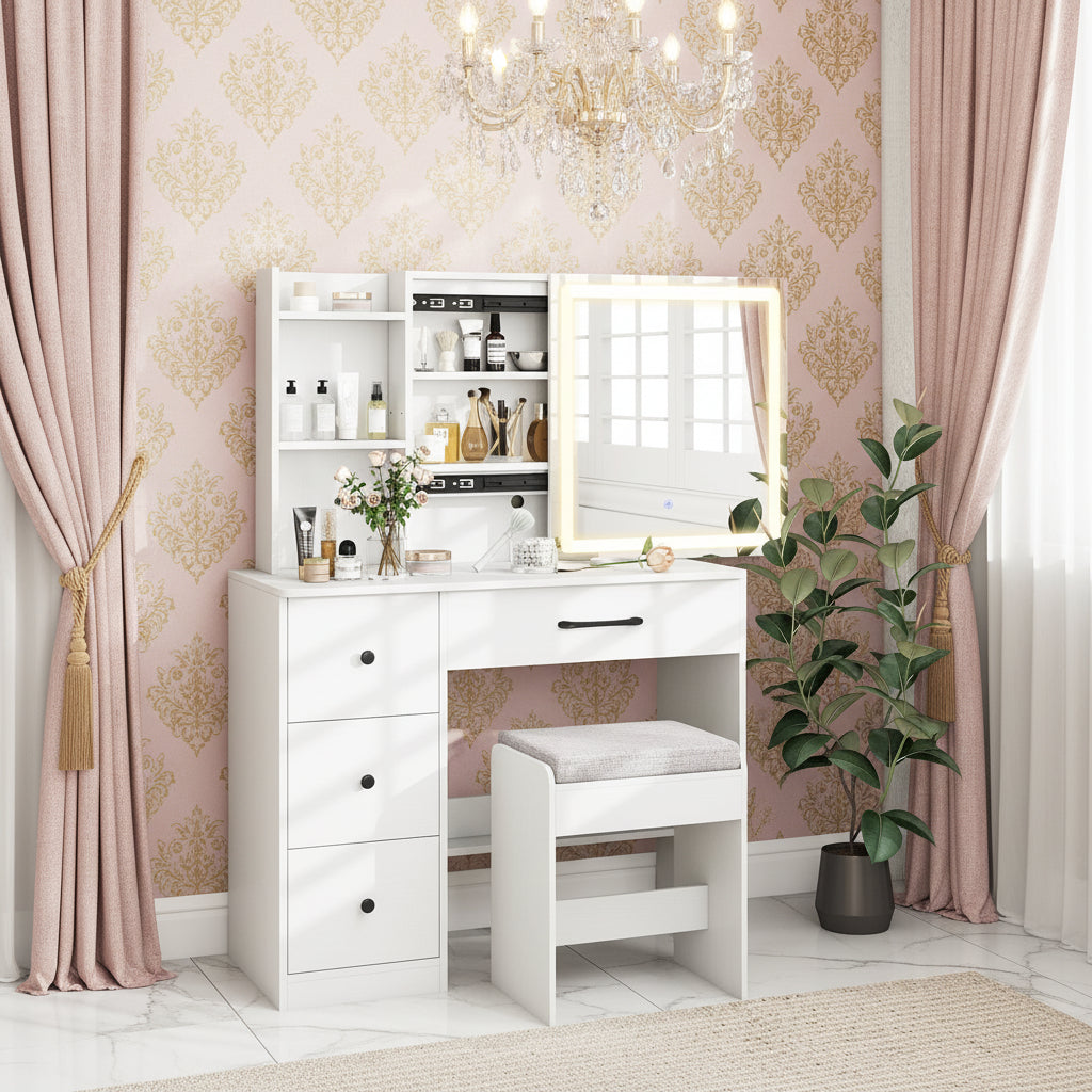 Vanity Desk with Sliding Mirror and Lights Makeup Table and Chair Set with 4 Drawers-White