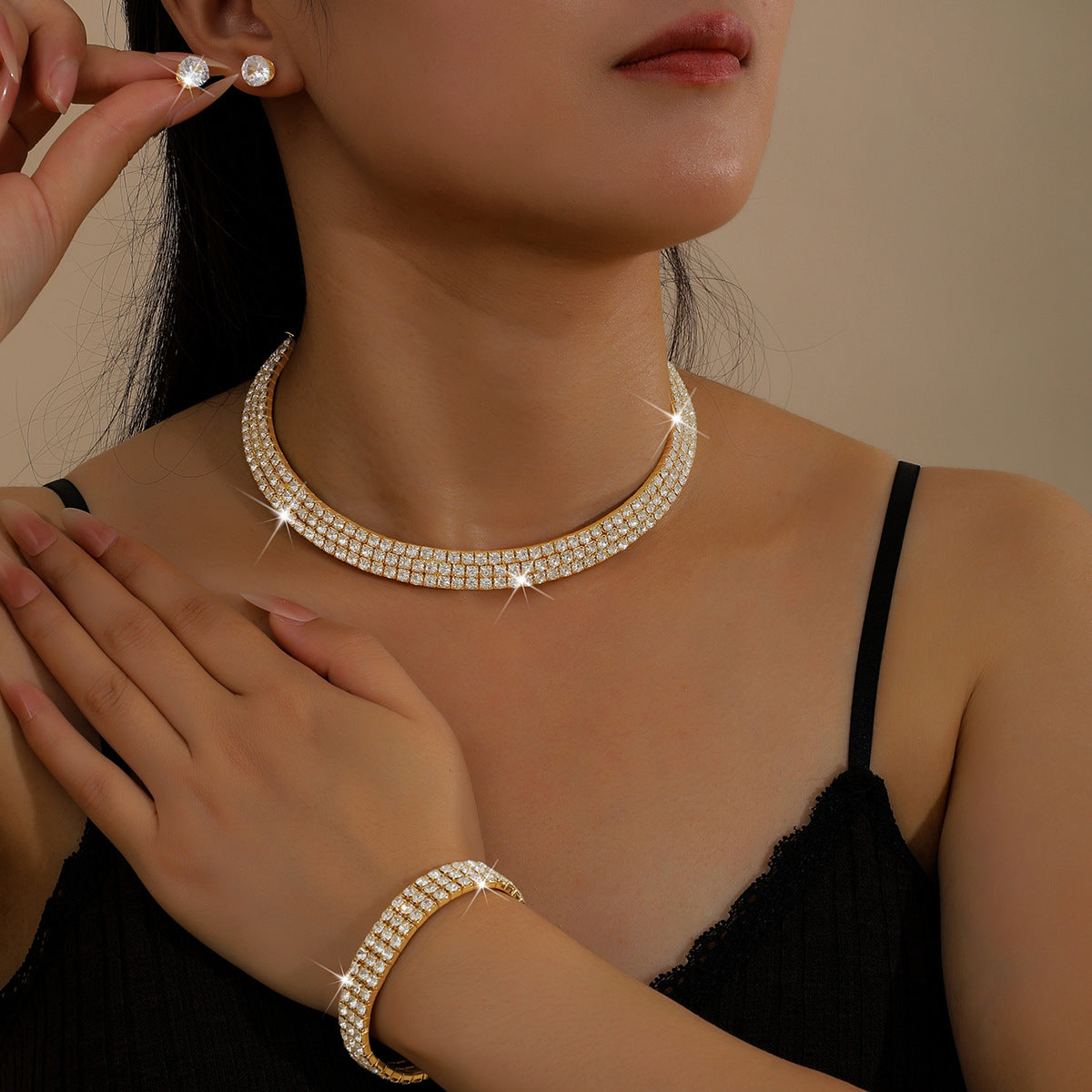 European And American Cross-Border Jewelry Three-Row Rhinestone Choker  Necklace Zircon Earrings Bracelet Set Elastic Ring Formal Elegant Business Dress Accessories