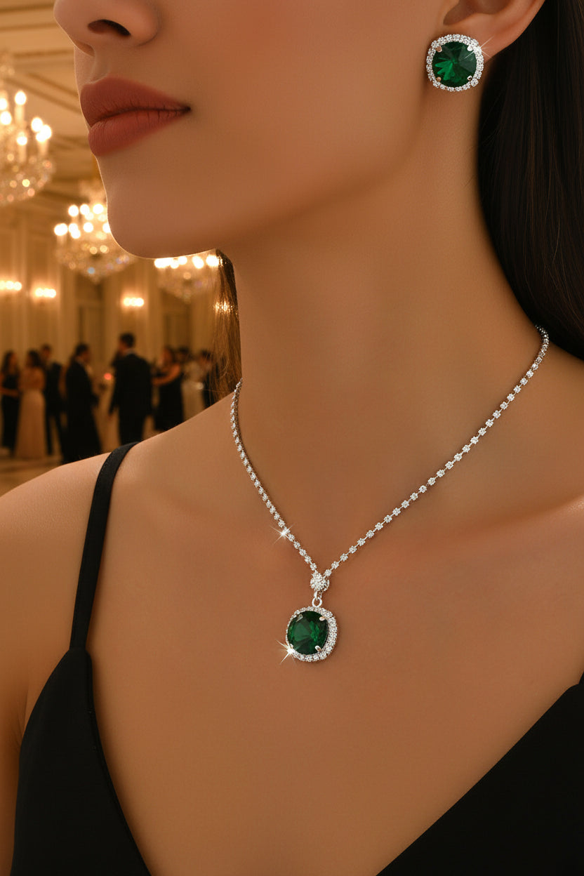 Cross-Border Emerald Glass Crystal Necklace Earrings Clavicle Chain Jewelry Set Birthday Formal Elegant