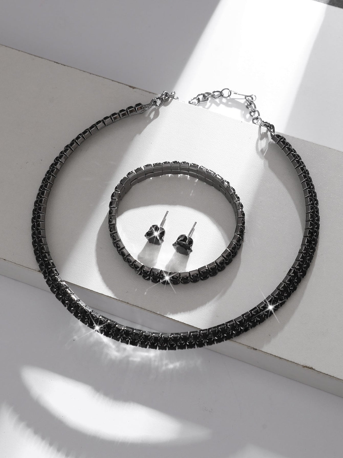 European And American Cross-Border Jewelry Three-Row Rhinestone Choker  Necklace Zircon Earrings Bracelet Set Elastic Ring Formal Elegant Business Dress Accessories