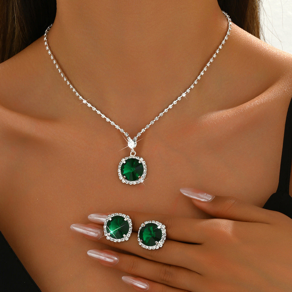 Cross-Border Emerald Glass Crystal Necklace Earrings Clavicle Chain Jewelry Set Birthday Formal Elegant