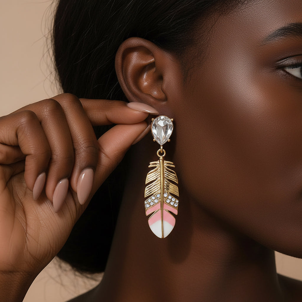 Women Feather Pendant Dangle Stud Earrings,Palace Style Heavy Craft Inlaid Rhinestone Enamel Earrings,Light Luxury Versatile Elegant Fashion Stylish