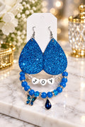 Royal Blue Sparkling Dazzle Tear Drop 3 Piece Jewelry Set Pair Earrings & 2 Stretch Bracelets Size 7/7.5 inches
