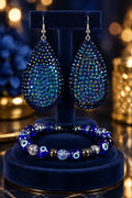 Evil Eye Sparkling Dazzle Tear Drop 3 Piece Jewelry Set Pair Earrings & 2 Stretch Bracelets Size 7/7.5 inches