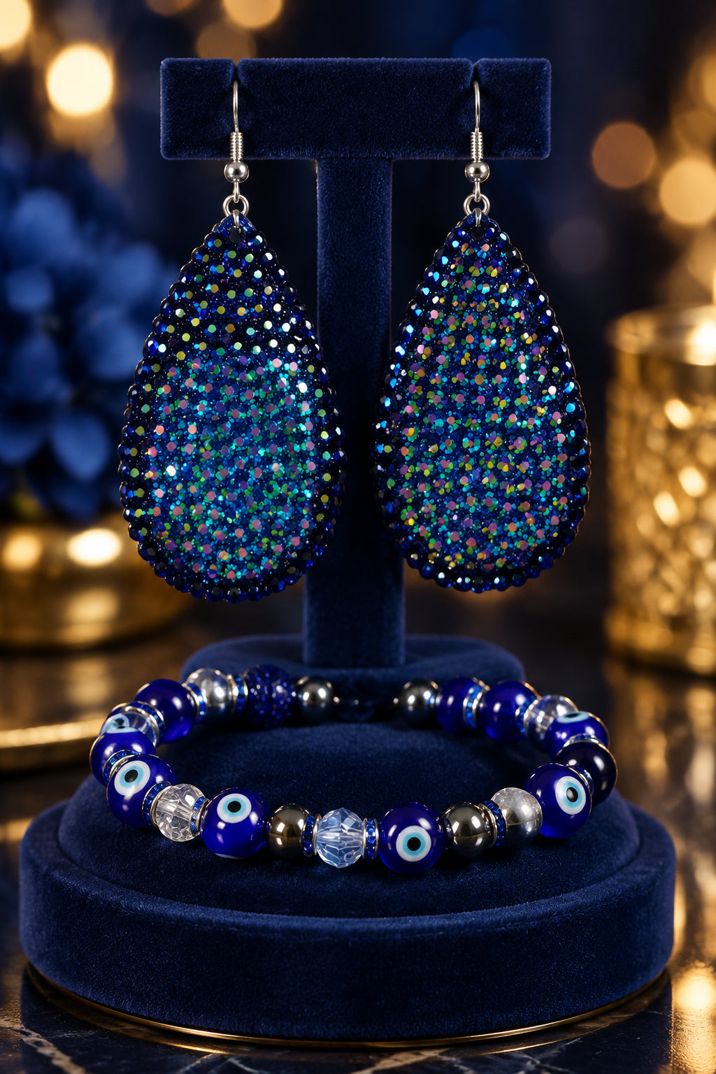 Evil Eye Sparkling Dazzle Tear Drop 3 Piece Jewelry Set Pair Earrings & 2 Stretch Bracelets Size 7/7.5 inches