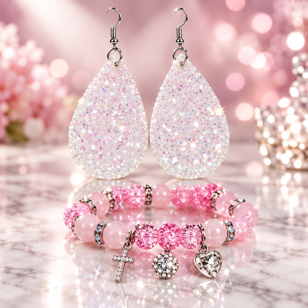 Pink Power Sparkling Dazzle Tear Drop  3 Piece Jewelry Set Pair Earrings & 2 Stretch Bracelets Size 7/7.5 inches