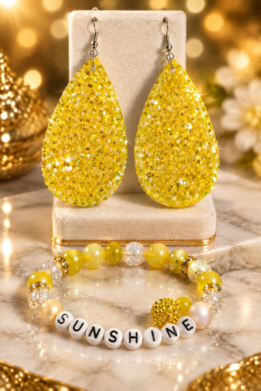 Ray of Sunshine Sparkling Dazzle Tear Drop 4 piece Jewelry Set Pair Earrings & 3 Stretch Bracelets Size 7/7.5 inches
