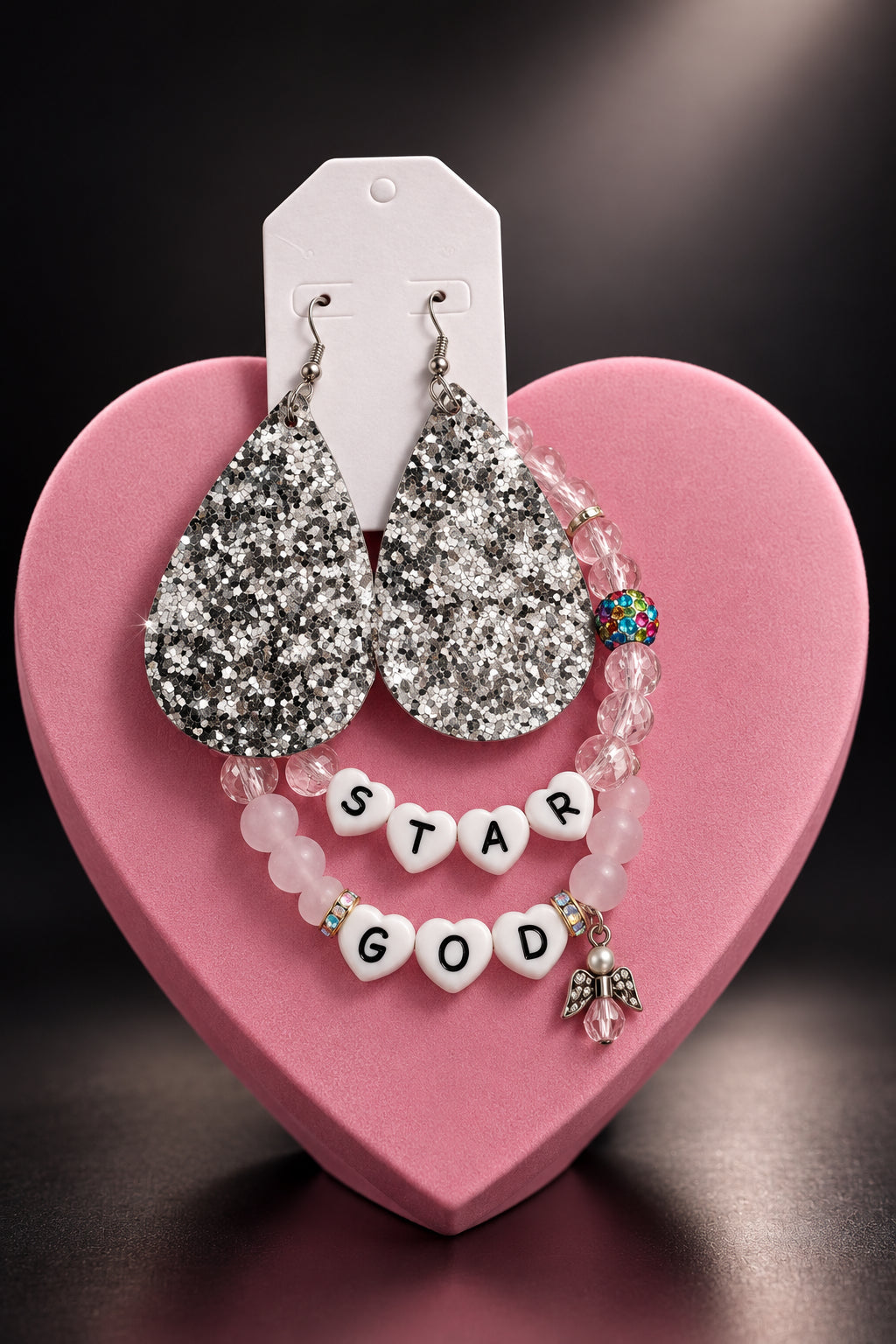 Spiritual Sparkling Dazzle Tear Drop   3 piece Jewelry Set Pair Earrings & 2 Stretch Bracelets Size 7/7.5 inches