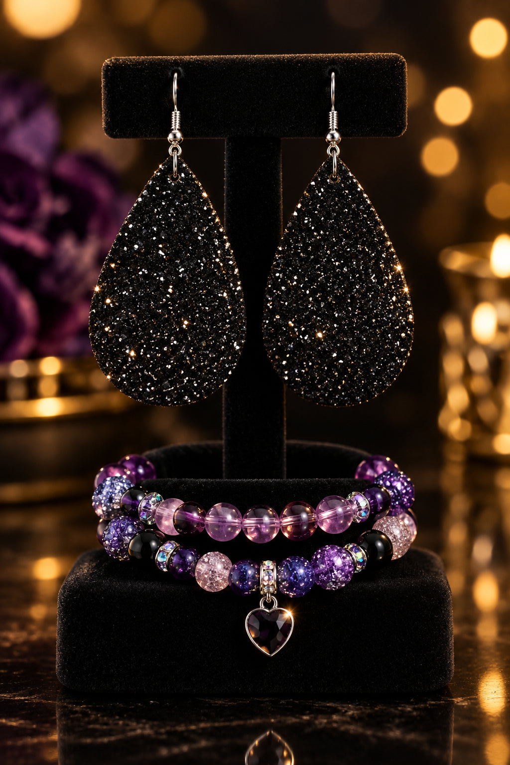 Black Beauty Sparkling Dazzle Tear Drop 3 Piece Jewelry Set Pair Earrings & 2 Stretch Bracelets Size 7/7.5 inches