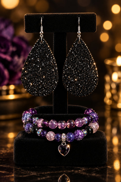 Black Beauty Sparkling Dazzle Tear Drop 3 Piece Jewelry Set Pair Earrings & 2 Stretch Bracelets Size 7/7.5 inches