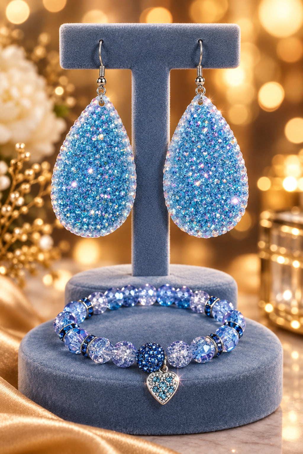 Blue Jean Sparkling Dazzle Tear Drop   3 piece Jewelry Set Pair Earrings & 2 Stretch Bracelets Size 7/7.5 inches
