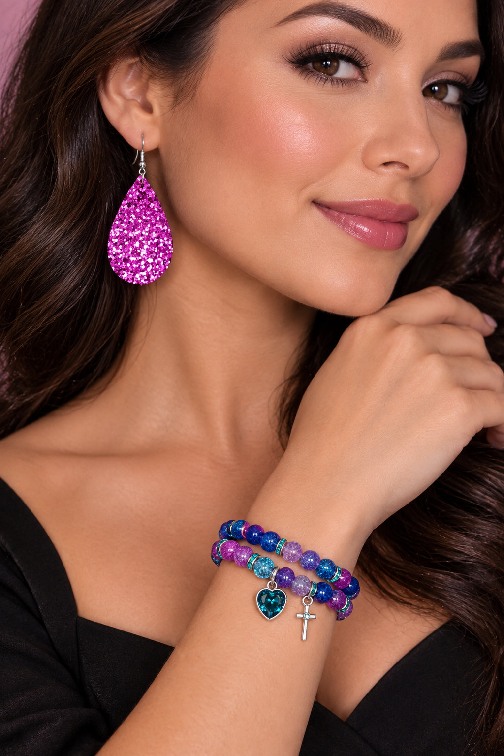 Purple Sparkling Dazzle Tear Drop 3 Piece Jewelry Set Pair Earrings & 2 Stretch Bracelets Size 7/7.5 inches