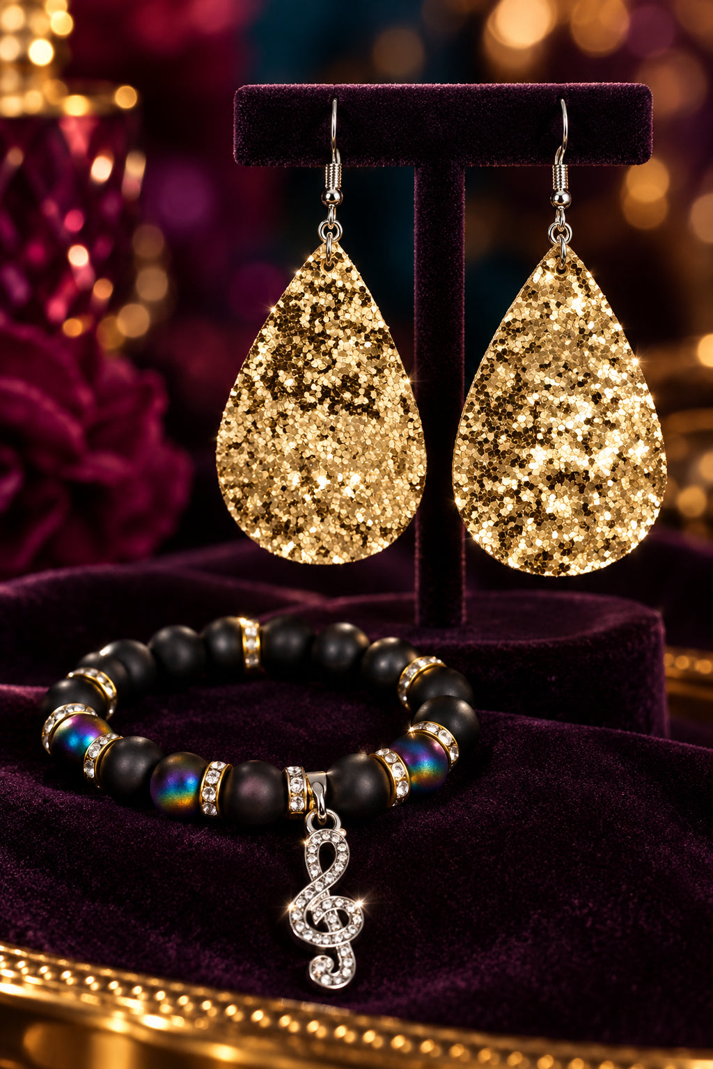 I Love Music Sparkling Dazzle Tear Drop 3 piece Jewelry Set Pair Earrings & 2 Stretch Bracelets Size 7/7.5 inches