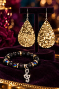 I Love Music Sparkling Dazzle Tear Drop 3 piece Jewelry Set Pair Earrings & 2 Stretch Bracelets Size 7/7.5 inches