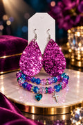 Purple Sparkling Dazzle Tear Drop 3 Piece Jewelry Set Pair Earrings & 2 Stretch Bracelets Size 7/7.5 inches