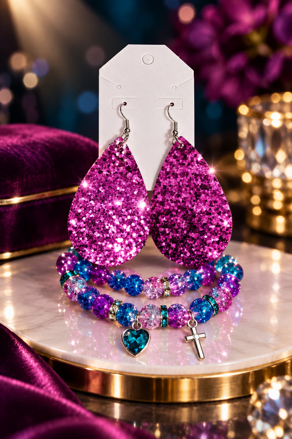 Purple Sparkling Dazzle Tear Drop 3 Piece Jewelry Set Pair Earrings & 2 Stretch Bracelets Size 7/7.5 inches