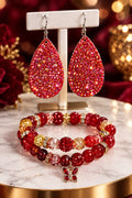 Red Marble Swirl Sparkling Dazzle Tear Drop Earring 3 Piece Jewelry Set Pair Earrings & 2 Stretch Bracelets Size 7/7.5 inches