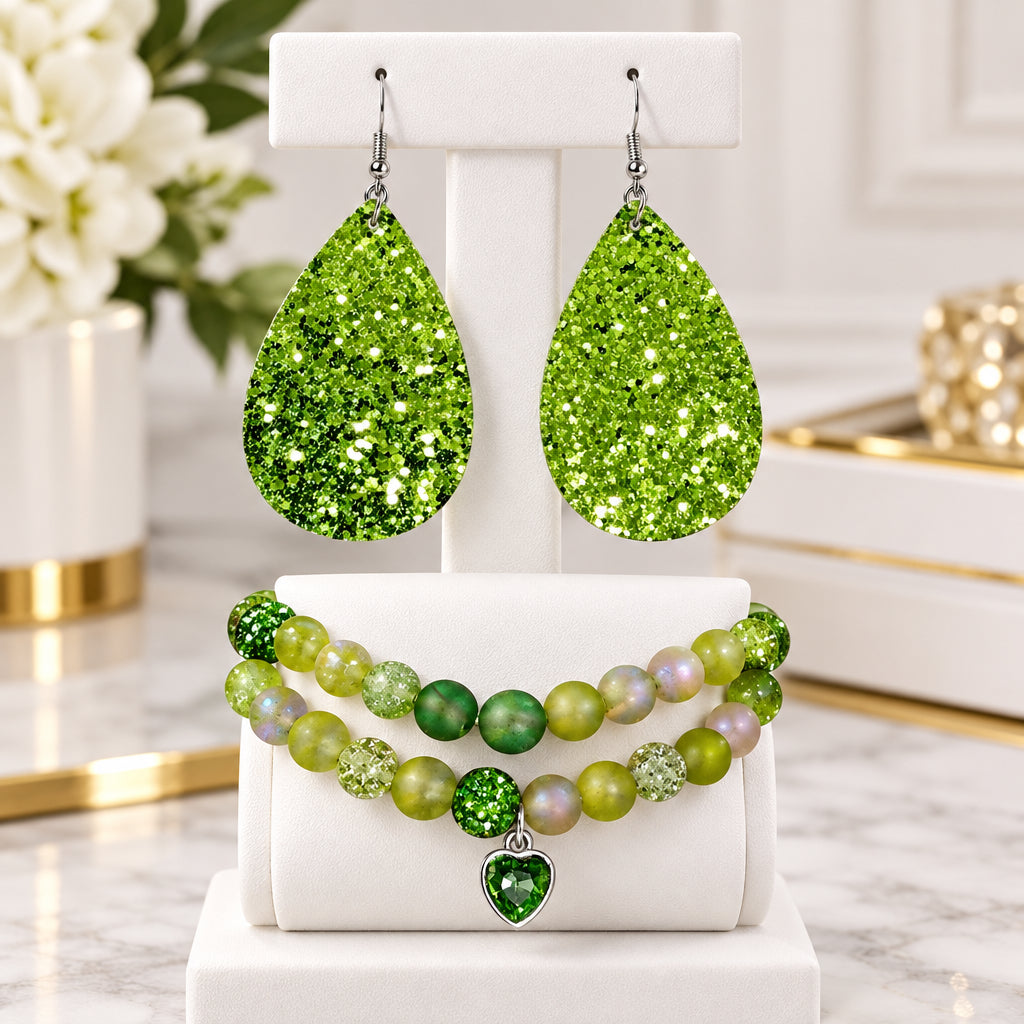 Lime Green Sparkling Dazzle Tear Drop 4 piece Jewelry Set Tear Drop Pair Earrings & 3 Stretch Bracelets Size 7/7.5 inches