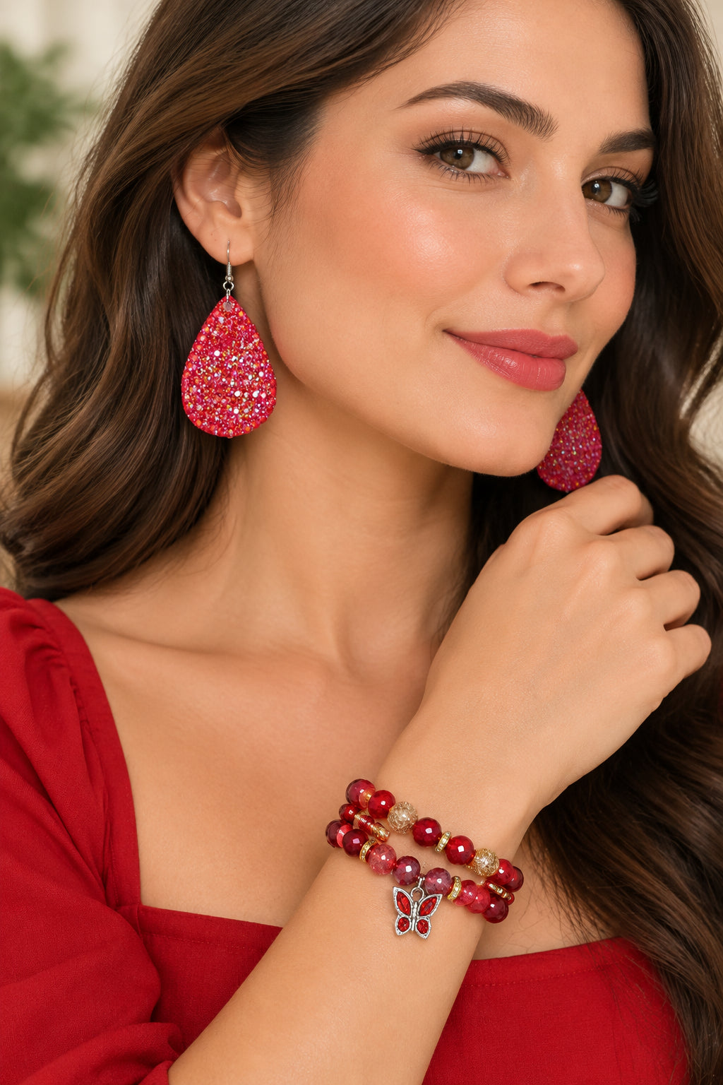 Red Marble Swirl Sparkling Dazzle Tear Drop Earring 3 Piece Jewelry Set Pair Earrings & 2 Stretch Bracelets Size 7/7.5 inches